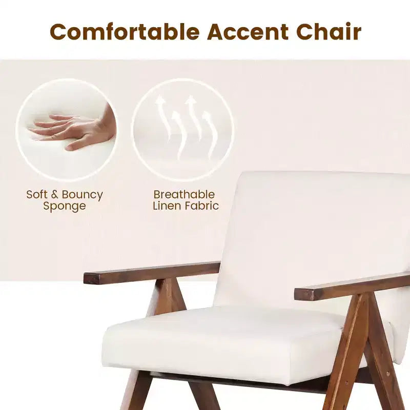 Modern Accent Chair, Linen Fabric Upholstery with Solid Acacia Wood Frame, Beige or Grey