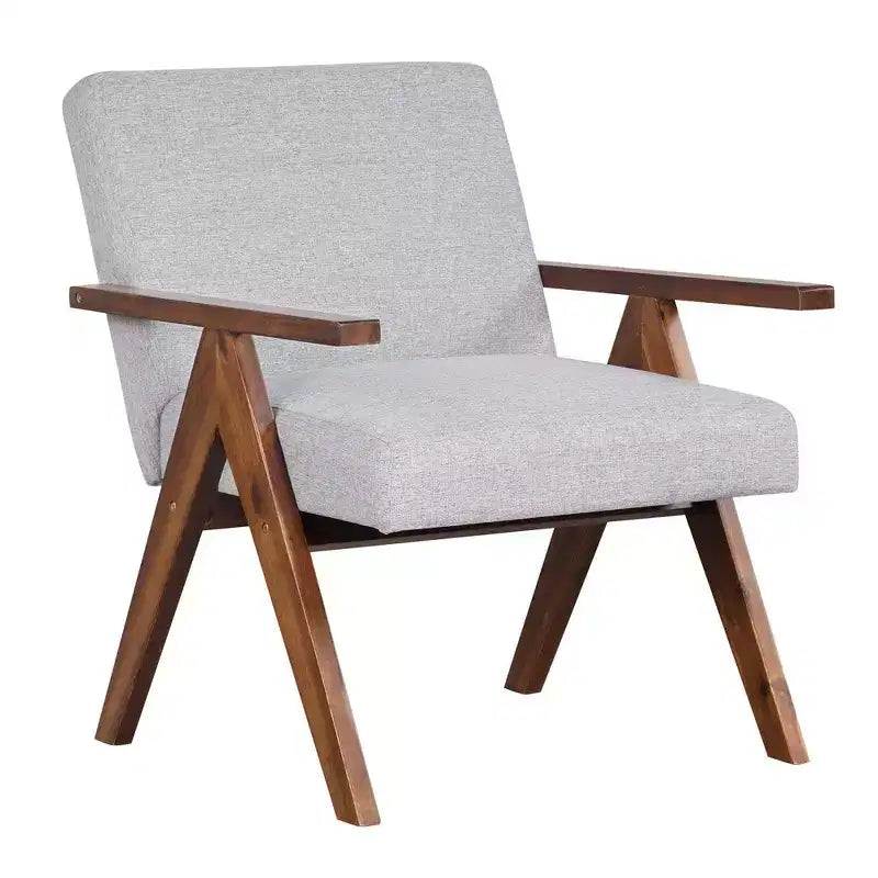 Modern Accent Chair, Linen Fabric Upholstery with Solid Acacia Wood Frame, Beige or Grey
