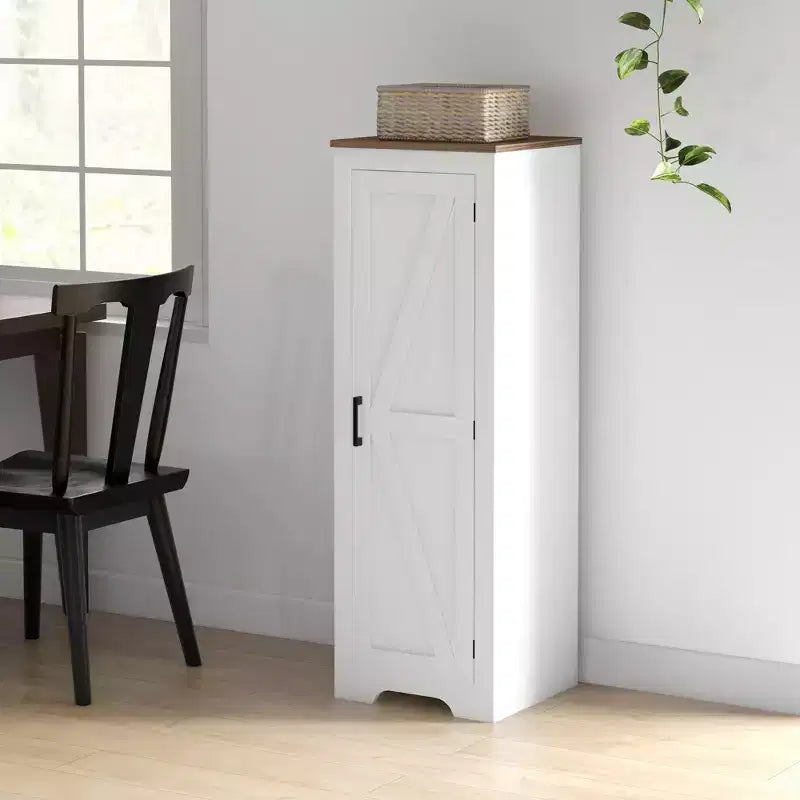 Farmhouse Storage Cabinet with Single Barn Door and Adjustable Shelf, Floor Pantry Cabinet, White