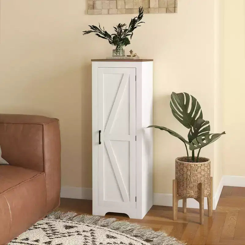 Farmhouse Storage Cabinet with Single Barn Door and Adjustable Shelf, Floor Pantry Cabinet, White