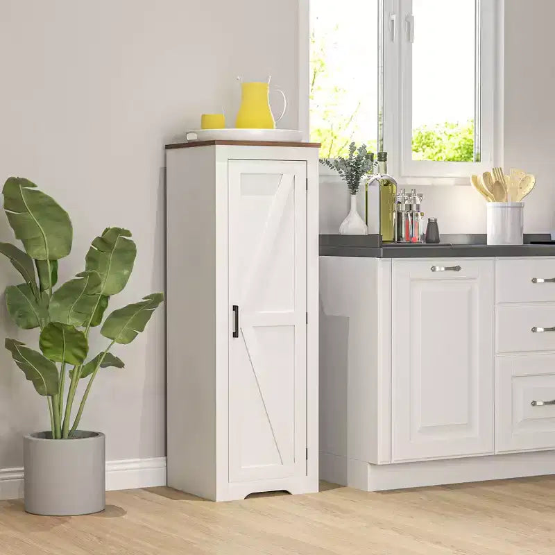 Farmhouse Storage Cabinet with Single Barn Door and Adjustable Shelf, Floor Pantry Cabinet, White