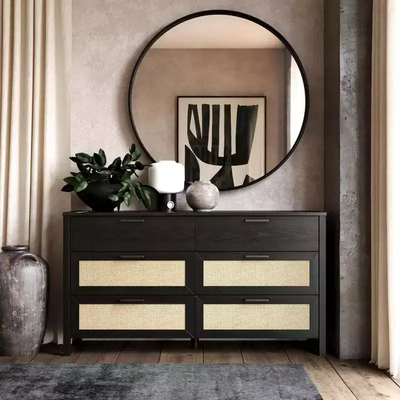 6-Drawer Dresser, Black Oak Finish with Faux Rattan Drawer Fronts, Bedroom Storage