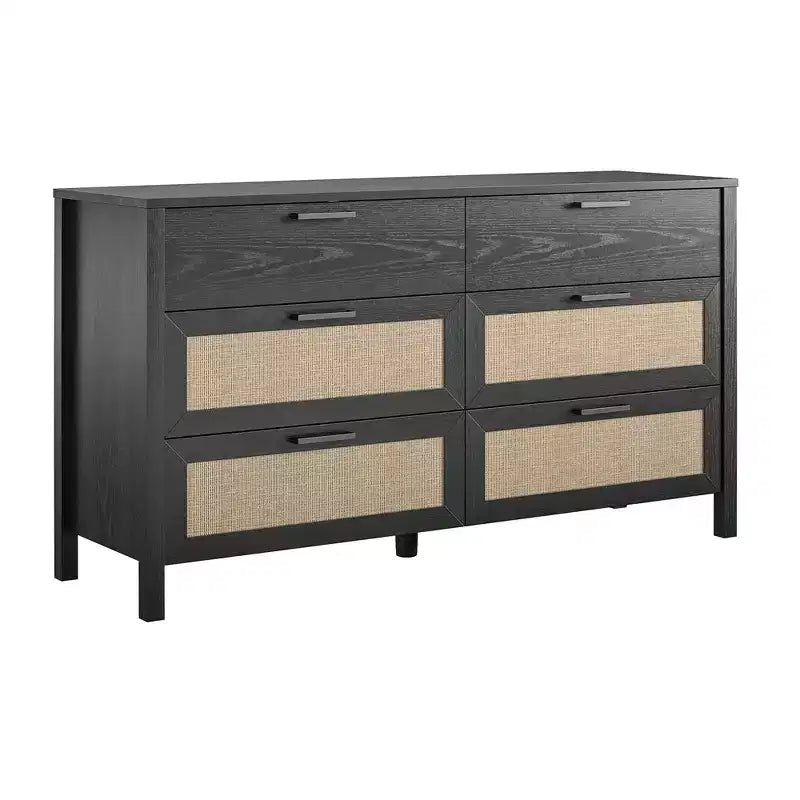 6-Drawer Dresser, Black Oak Finish with Faux Rattan Drawer Fronts, Bedroom Storage