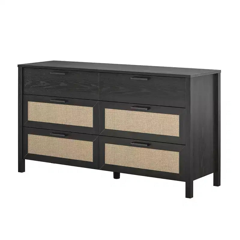 6-Drawer Dresser, Black Oak Finish with Faux Rattan Drawer Fronts, Bedroom Storage