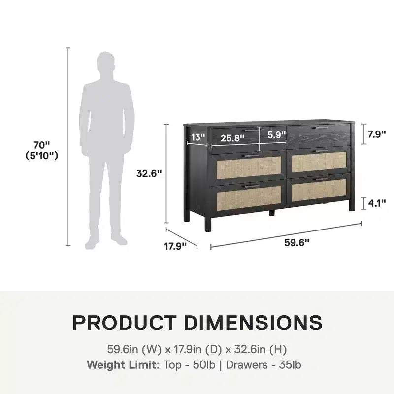 6-Drawer Dresser, Black Oak Finish with Faux Rattan Drawer Fronts, Bedroom Storage