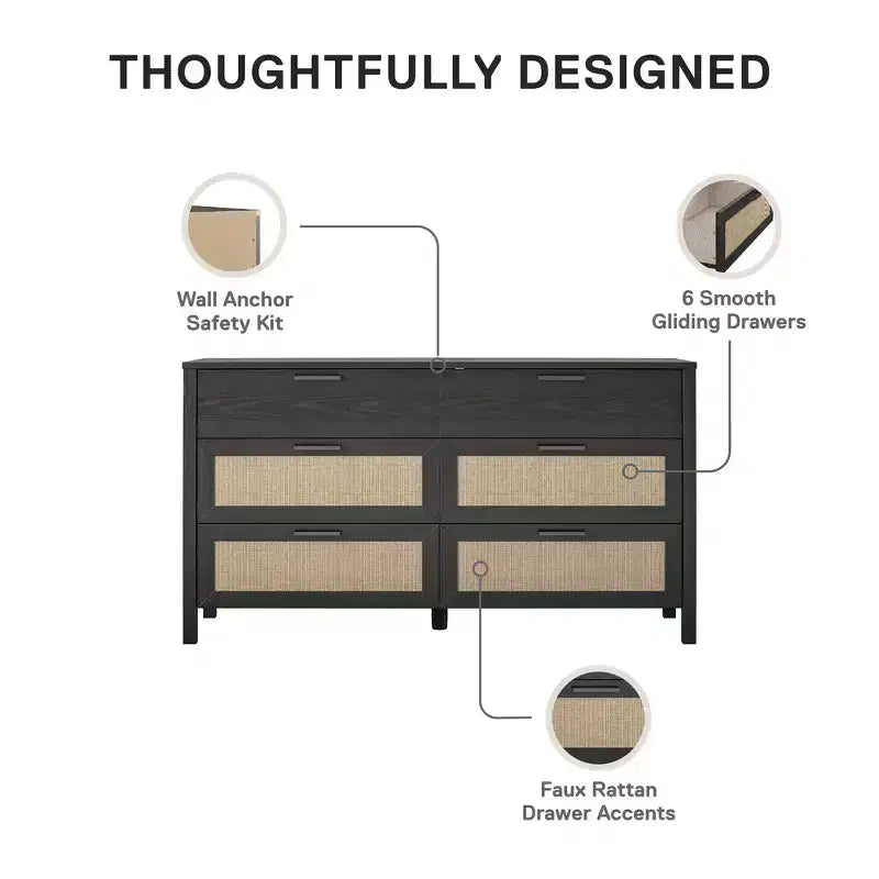 6-Drawer Dresser, Black Oak Finish with Faux Rattan Drawer Fronts, Bedroom Storage