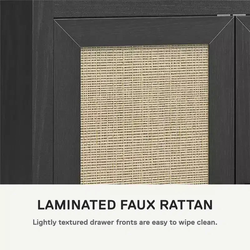 6-Drawer Dresser, Black Oak Finish with Faux Rattan Drawer Fronts, Bedroom Storage