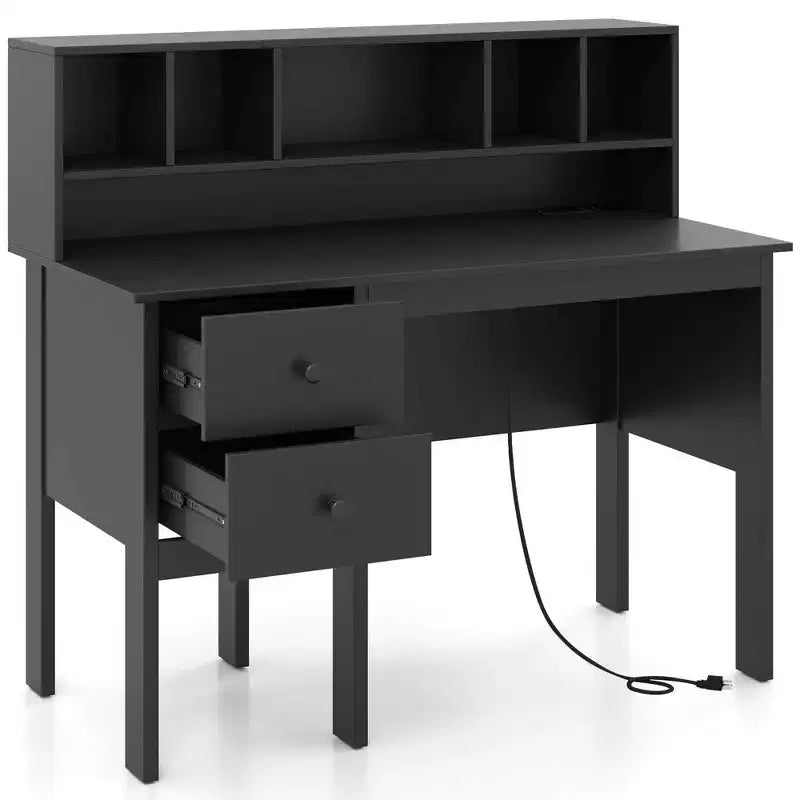48" Computer Desk with Power Outlets, Type-C, 5-Cubby Hutch & 2 Storage Drawers, Black/White