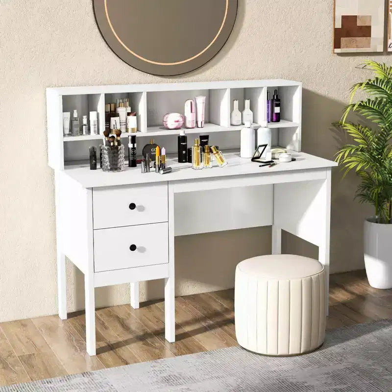 48" Computer Desk with Power Outlets, Type-C, 5-Cubby Hutch & 2 Storage Drawers, Black/White