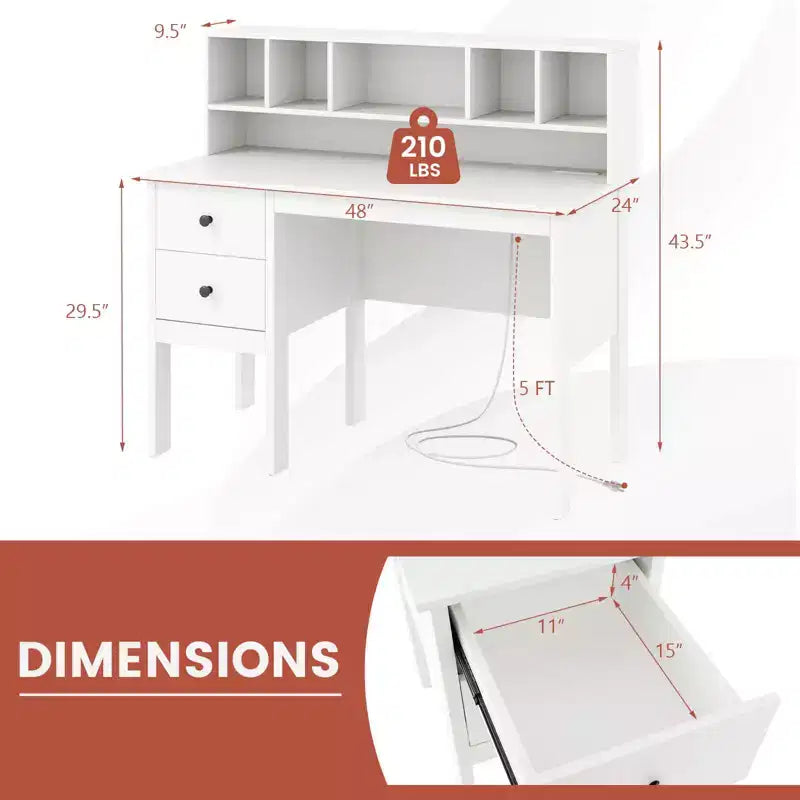 48" Computer Desk with Power Outlets, Type-C, 5-Cubby Hutch & 2 Storage Drawers, Black/White