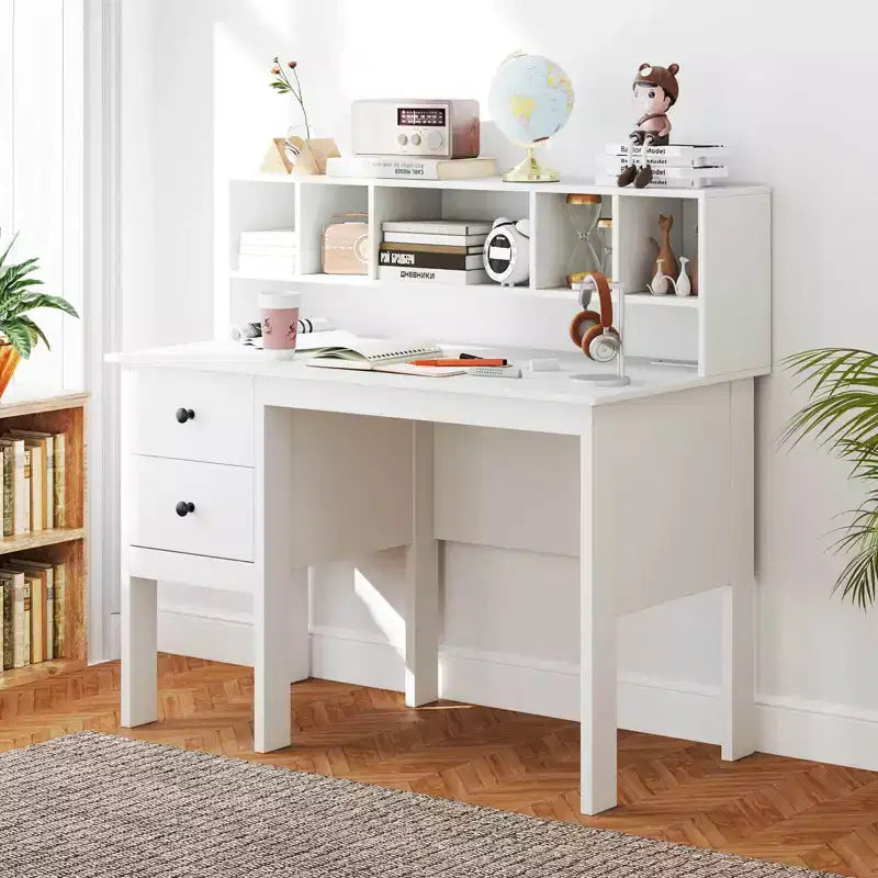 48" Computer Desk with Power Outlets, Type-C, 5-Cubby Hutch & 2 Storage Drawers, Black/White