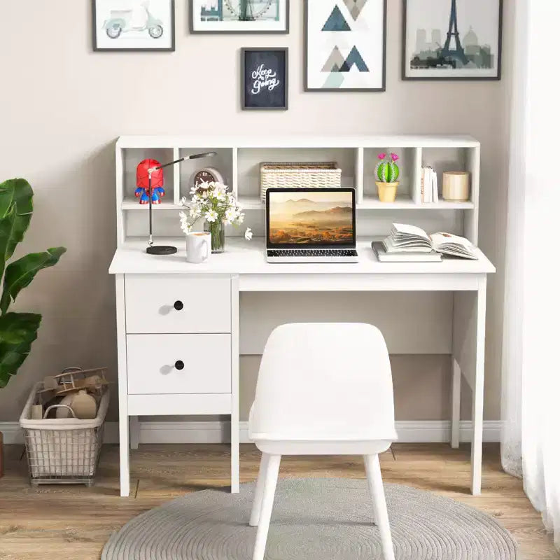 48" Computer Desk with Power Outlets, Type-C, 5-Cubby Hutch & 2 Storage Drawers, Black/White