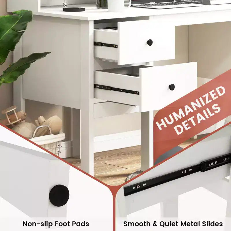 48" Computer Desk with Power Outlets, Type-C, 5-Cubby Hutch & 2 Storage Drawers, Black/White