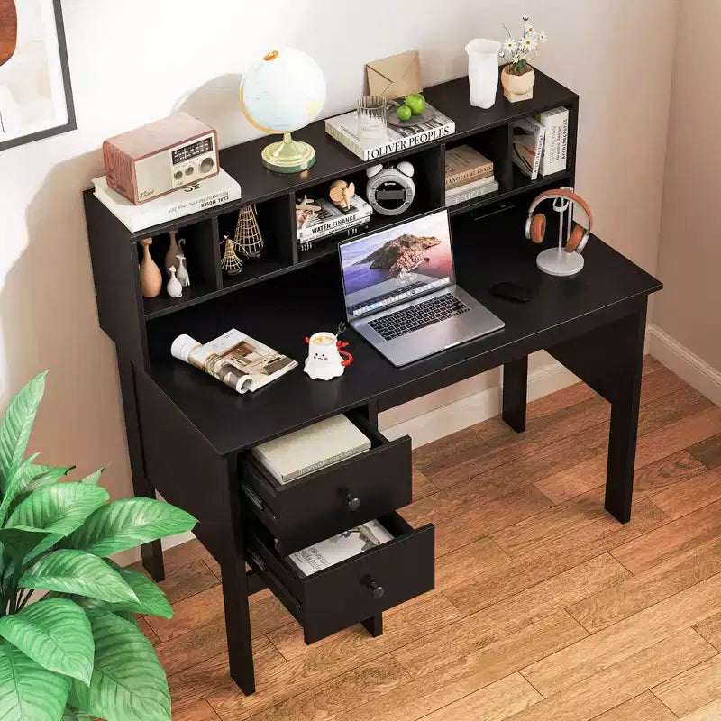 48" Computer Desk with Power Outlets, Type-C, 5-Cubby Hutch & 2 Storage Drawers, Black/White