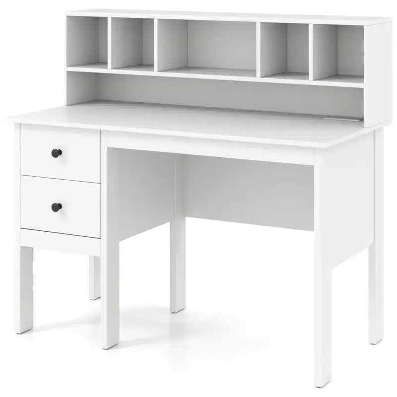 48" Computer Desk with Power Outlets, Type-C, 5-Cubby Hutch & 2 Storage Drawers, Black/White