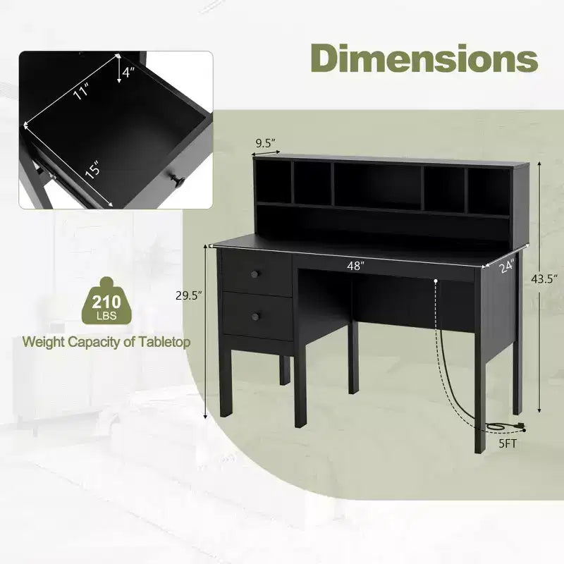 48" Computer Desk with Power Outlets, Type-C, 5-Cubby Hutch & 2 Storage Drawers, Black/White