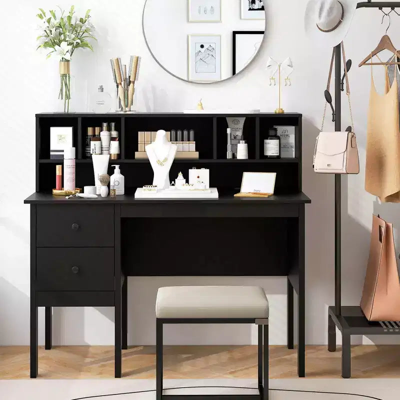 48" Computer Desk with Power Outlets, Type-C, 5-Cubby Hutch & 2 Storage Drawers, Black/White
