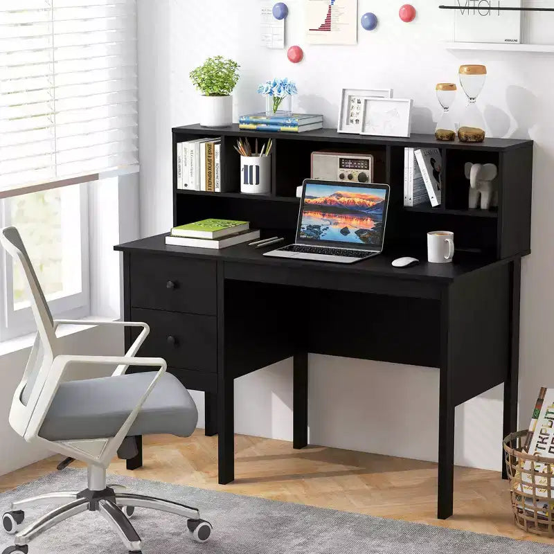 48" Computer Desk with Power Outlets, Type-C, 5-Cubby Hutch & 2 Storage Drawers, Black/White