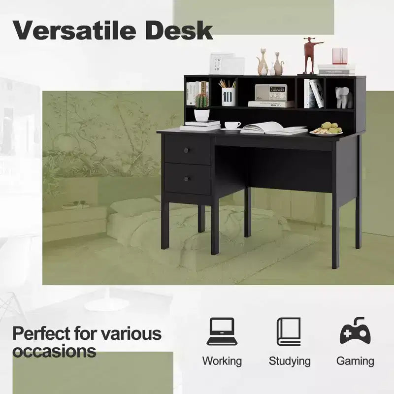 48" Computer Desk with Power Outlets, Type-C, 5-Cubby Hutch & 2 Storage Drawers, Black/White