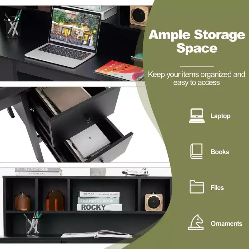 48" Computer Desk with Power Outlets, Type-C, 5-Cubby Hutch & 2 Storage Drawers, Black/White