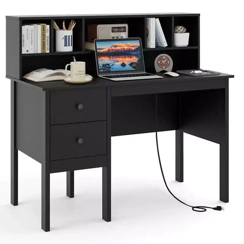 Costway 48 Computer Desk with Power Outlets Type-C 5-Cubby Hutch & 2 Storage Drawers Black/White