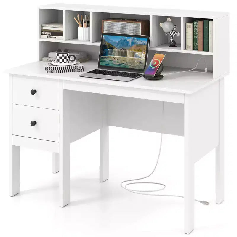 48" Computer Desk with Power Outlets, Type-C, 5-Cubby Hutch & 2 Storage Drawers, Black/White