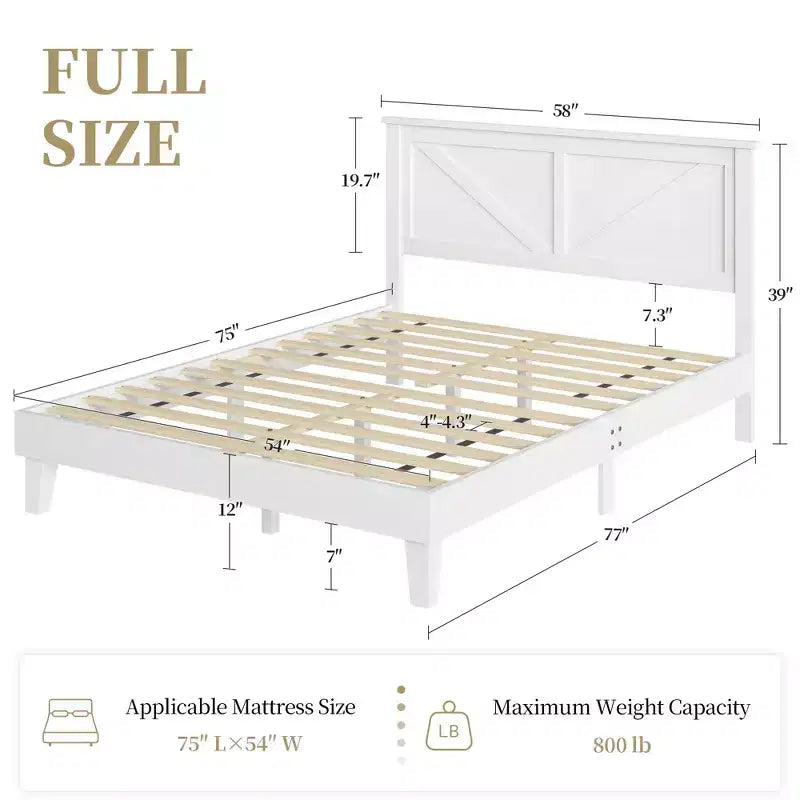 Farmhouse Wooden Bed Frame, Rustic Style Platform Base for Bedroom
