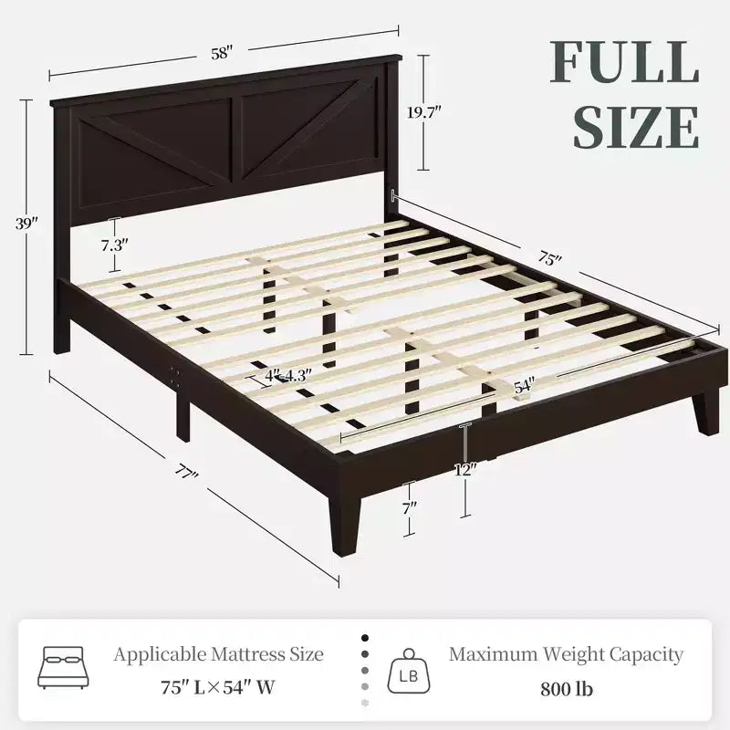 Farmhouse Wooden Bed Frame, Rustic Style Platform Base for Bedroom
