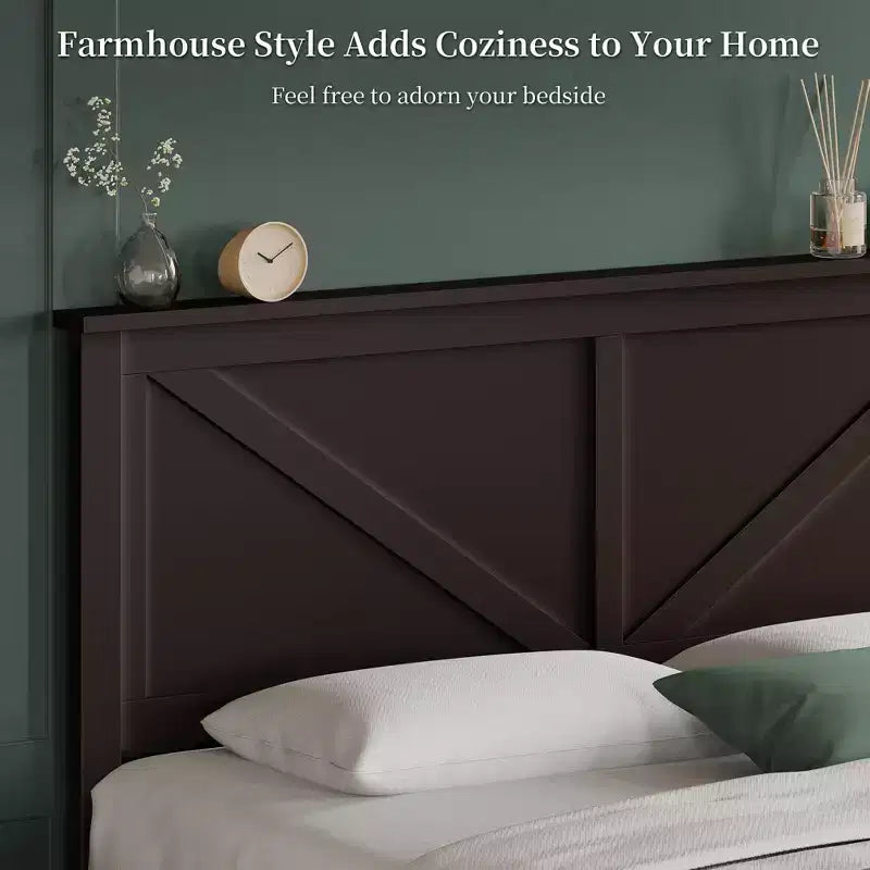 Farmhouse Wooden Bed Frame, Rustic Style Platform Base for Bedroom