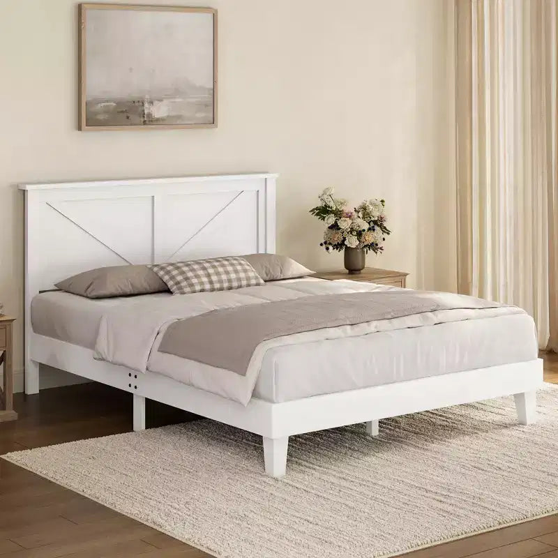 Farmhouse Wooden Bed Frame, Rustic Style Platform Base for Bedroom