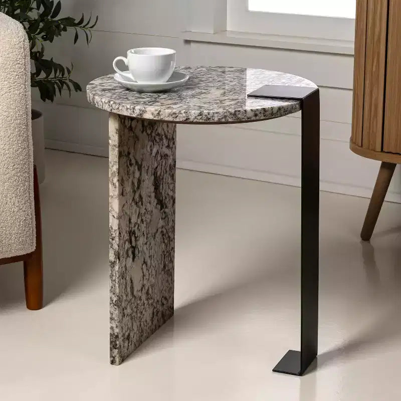 Contemporary Natural Marble & Metal Handmade Round End Table, 20.66"H x 17" Diameter, Black