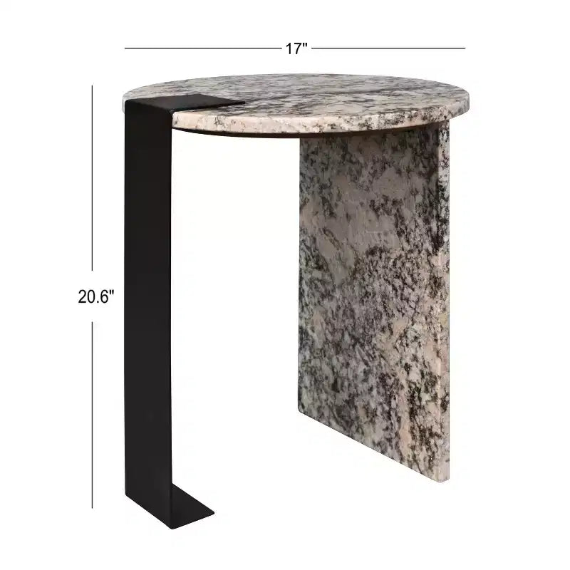 Contemporary Natural Marble & Metal Handmade Round End Table, 20.66"H x 17" Diameter, Black