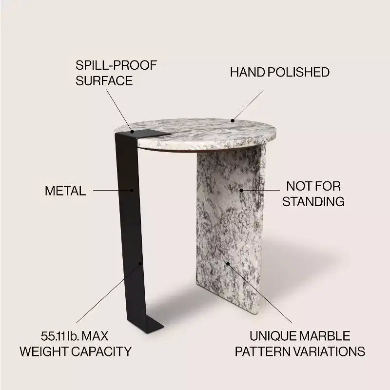 Contemporary Natural Marble & Metal Handmade Round End Table, 20.66"H x 17" Diameter, Black