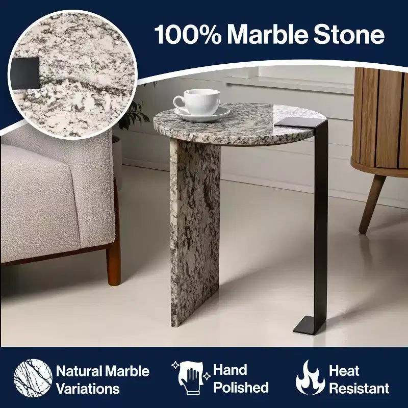 Contemporary Natural Marble & Metal Handmade Round End Table, 20.66"H x 17" Diameter, Black