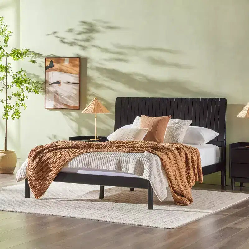 Queen Bed Frame with Vertical Slat Headboard, Platform Base, No Box Spring Needed