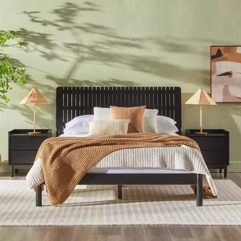Queen Bed Frame with Vertical Slat Headboard, Platform Base, No Box Spring Needed