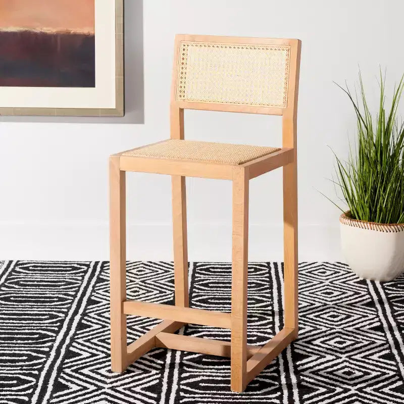 Rattan Counter Stool, Natural Woven Seat with Wood Frame, Bohemian Kitchen or Bar Stool