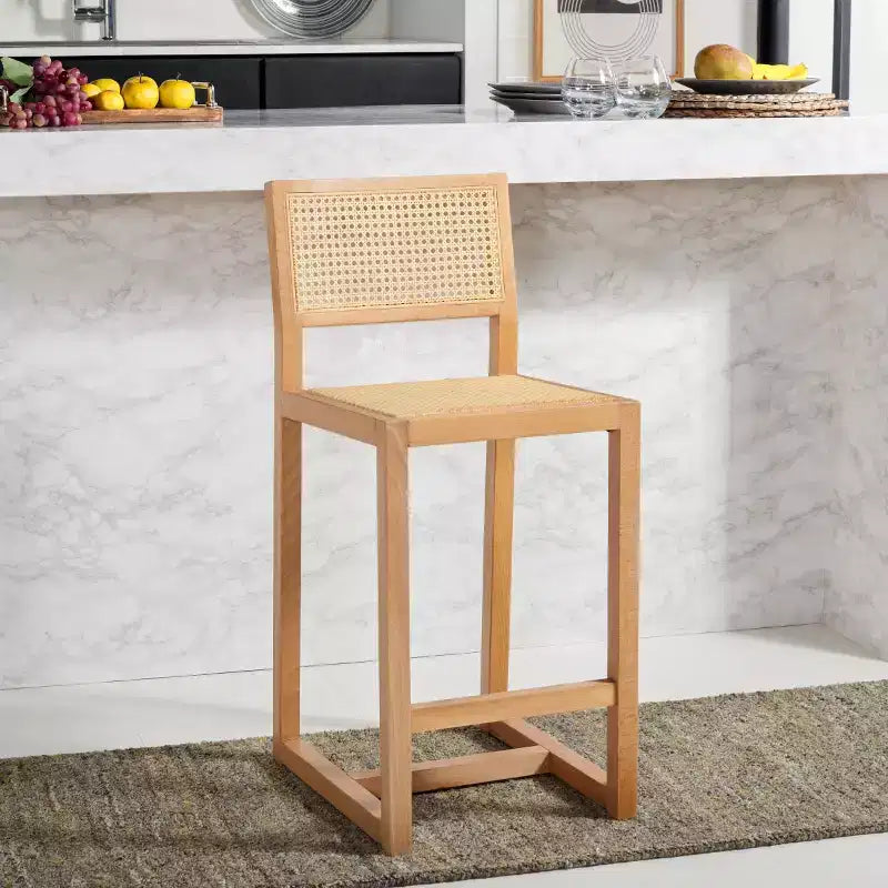 Rattan Counter Stool, Natural Woven Seat with Wood Frame, Bohemian Kitchen or Bar Stool