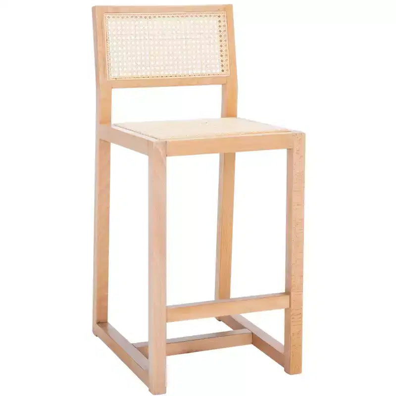 Rattan Counter Stool, Natural Woven Seat with Wood Frame, Bohemian Kitchen or Bar Stool