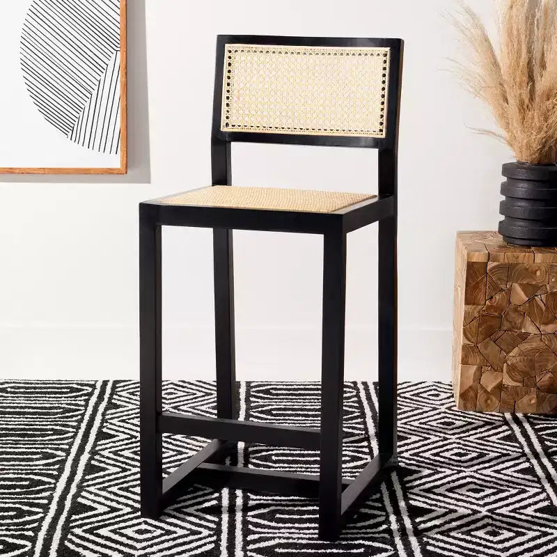 Rattan Counter Stool, Natural Woven Seat with Wood Frame, Bohemian Kitchen or Bar Stool