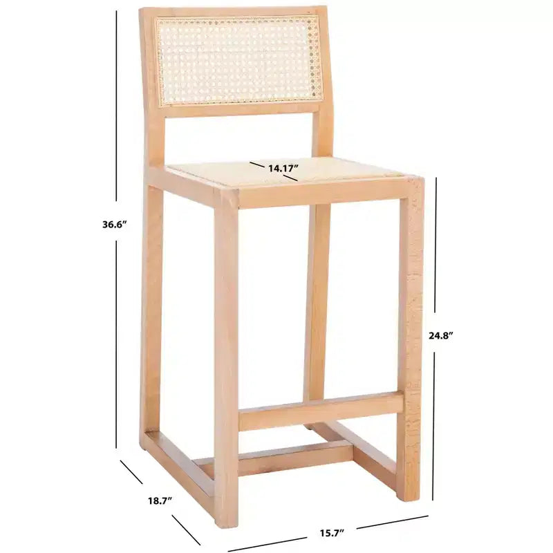 Rattan Counter Stool, Natural Woven Seat with Wood Frame, Bohemian Kitchen or Bar Stool
