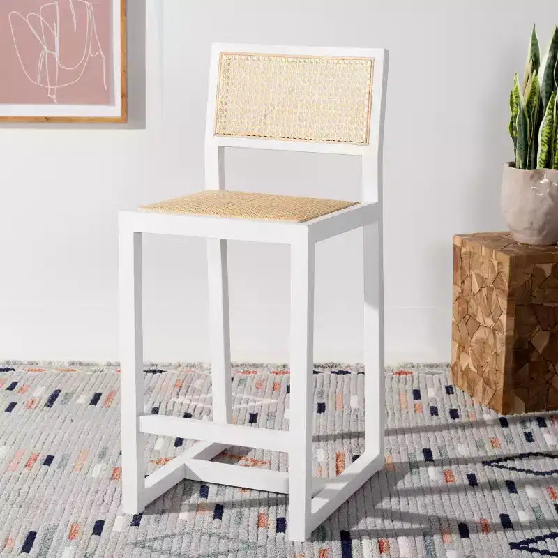 Rattan Counter Stool, Natural Woven Seat with Wood Frame, Bohemian Kitchen or Bar Stool