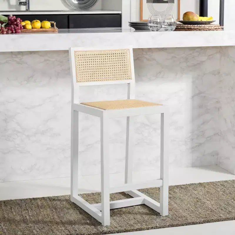 Rattan Counter Stool, Natural Woven Seat with Wood Frame, Bohemian Kitchen or Bar Stool