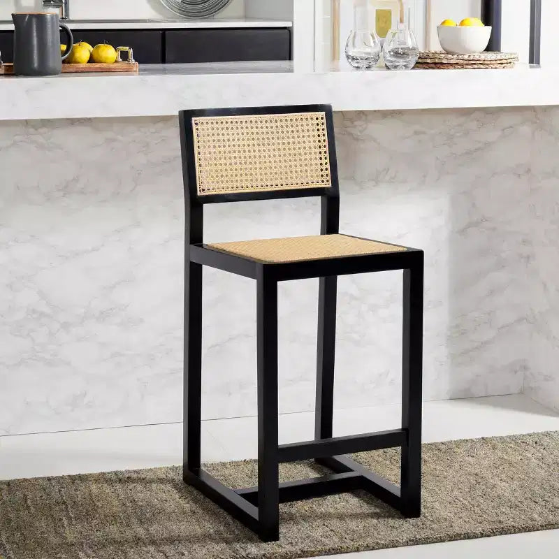 Rattan Counter Stool, Natural Woven Seat with Wood Frame, Bohemian Kitchen or Bar Stool