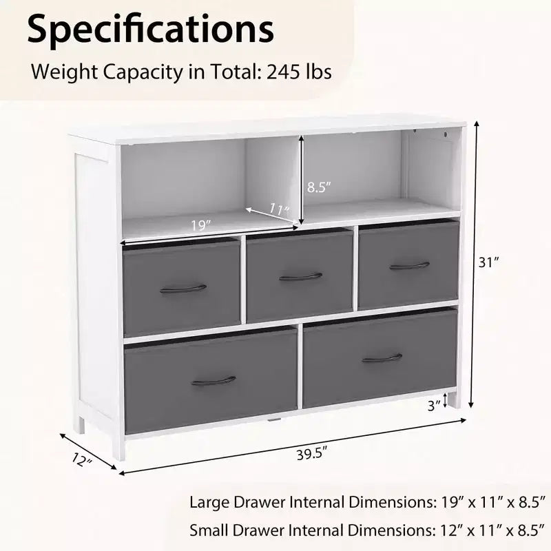 5/7-Drawer Dresser for Bedroom, Chest of Drawers with 2 Large Fabric Bins, White
