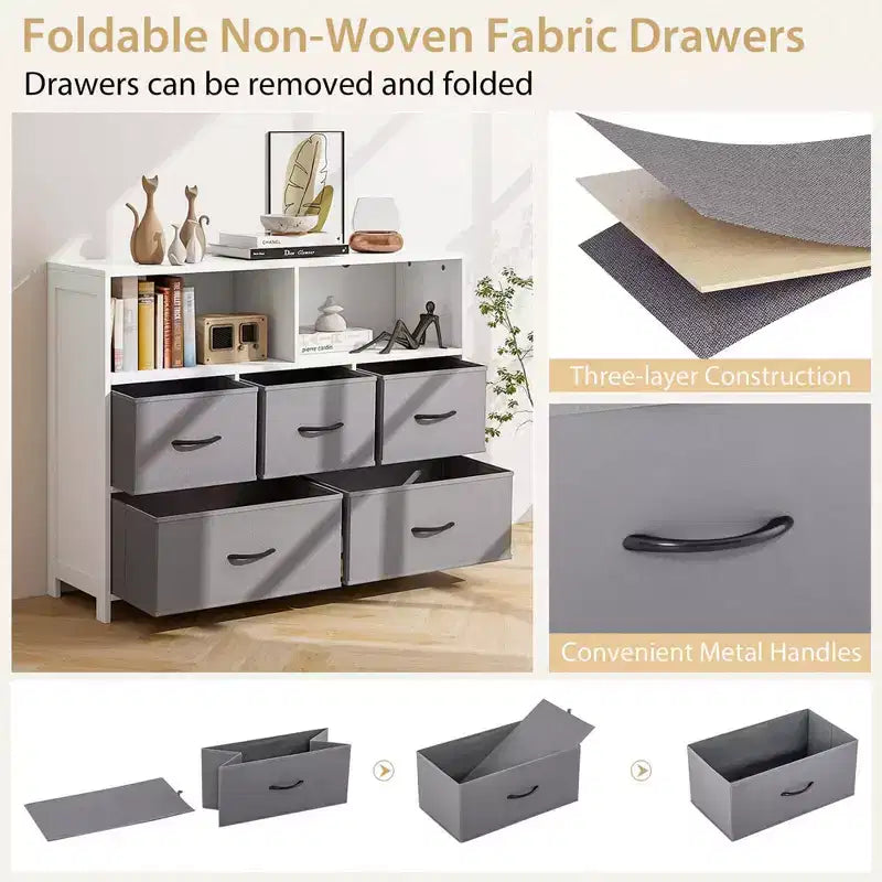 5/7-Drawer Dresser for Bedroom, Chest of Drawers with 2 Large Fabric Bins, White