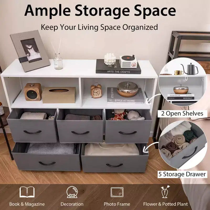 5/7-Drawer Dresser for Bedroom, Chest of Drawers with 2 Large Fabric Bins, White