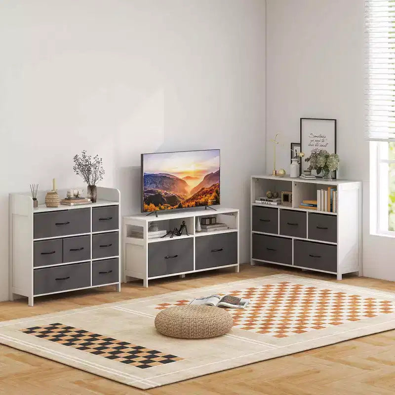 5/7-Drawer Dresser for Bedroom, Chest of Drawers with 2 Large Fabric Bins, White