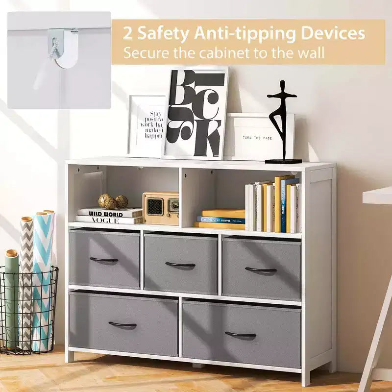 5/7-Drawer Dresser for Bedroom, Chest of Drawers with 2 Large Fabric Bins, White