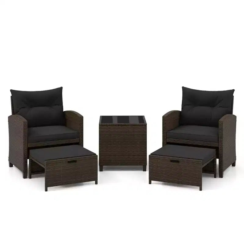Costway Ensemble de Meubles de Patio en Rotin 5 Pièces avec 2 Ottomans et Table Basse en Verre Trempé Noir/Blanc Cassé/Bleu Marine/Rouge/Gris